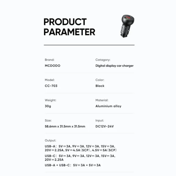 شارژر فندکی مک‌دودو مدل Mcdodo CC-703 – فست شارژ 45 وات با نمایشگر دیجیتال - Image 16